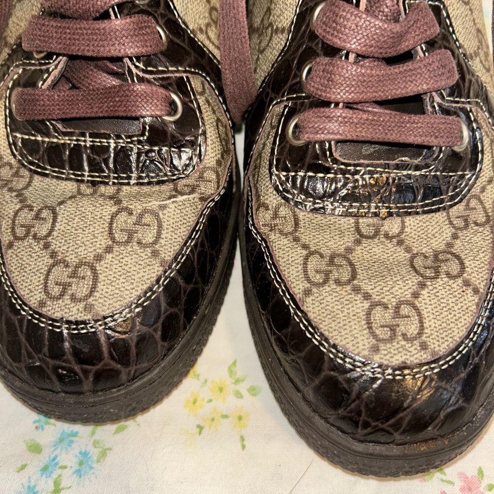 Gucci Women's Brown and Cream High-Top Sneakers - Picture 3 of 9
